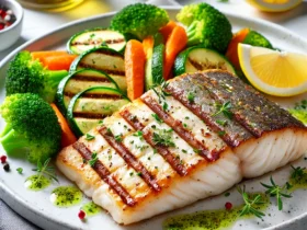 A close-up shot of a grilled fish fillet with visible grill marks, served with steamed vegetables including broccoli, carrots, and zucchini. The dish is garnished with fresh herbs and a lemon slice, creating a healthy and visually appealing meal on a clean white plate.