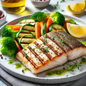 A close-up shot of a grilled fish fillet with visible grill marks, served with steamed vegetables including broccoli, carrots, and zucchini. The dish is garnished with fresh herbs and a lemon slice, creating a healthy and visually appealing meal on a clean white plate.