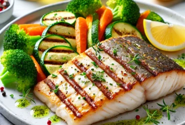 A close-up shot of a grilled fish fillet with visible grill marks, served with steamed vegetables including broccoli, carrots, and zucchini. The dish is garnished with fresh herbs and a lemon slice, creating a healthy and visually appealing meal on a clean white plate.