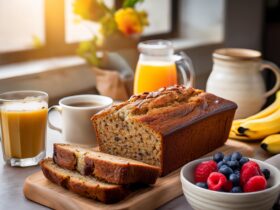 Classic banana bread loaf sliced on a wooden board, showing its moist and golden brown interior with pieces of walnuts, ripe bananas, and a rustic kitchen background.