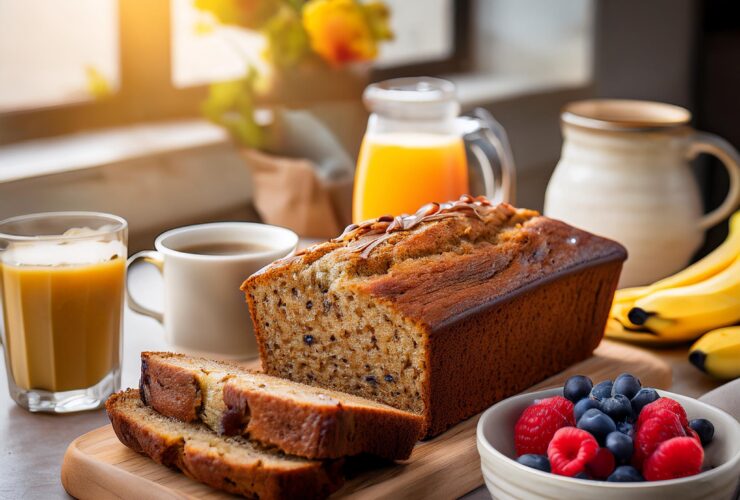 Classic banana bread loaf sliced on a wooden board, showing its moist and golden brown interior with pieces of walnuts, ripe bananas, and a rustic kitchen background.